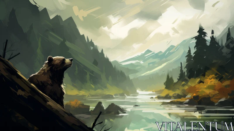 Brown Bear Contemplating by River - Tranquil Artistic Illustration AI Image
