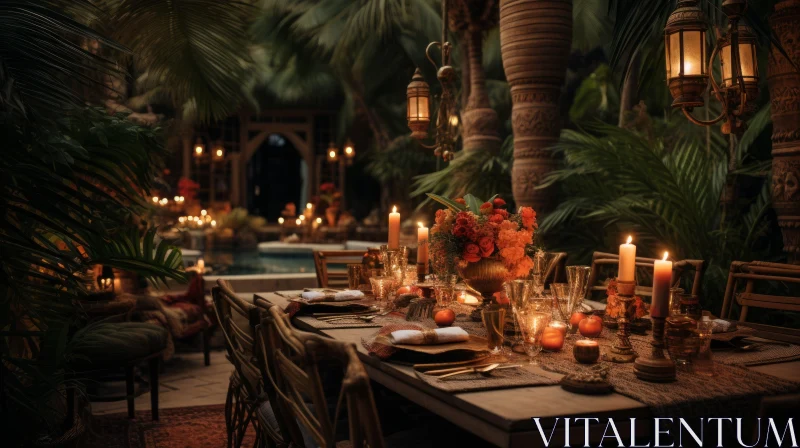 Captivating Table Setting: Candles and Poolside View AI Image