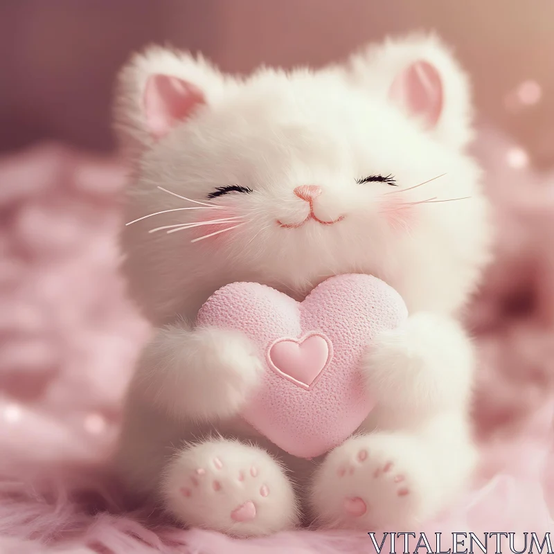 Cute White Kitten with Heart-Shaped Cushion