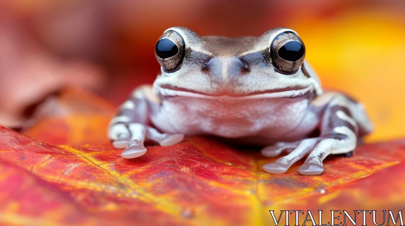 Close-up Photo of a Frog Sitting on a Red Leaf AI Image