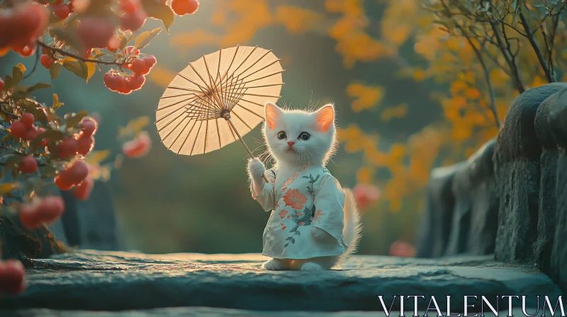 Cute Kitten Wearing Kimono with Umbrella in Autumn Setting