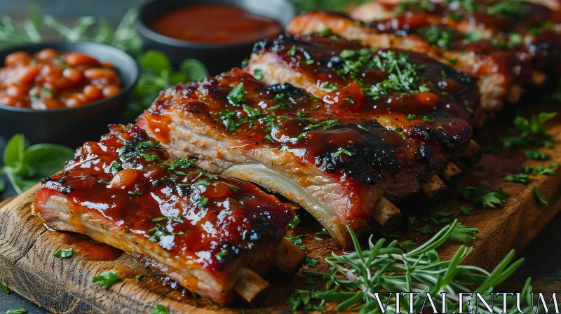 Delicious Grilled Pork Ribs with Barbecue Sauce and Beans AI Image