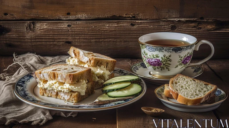 Delicious Sandwiches and Tea on a Wooden Table AI Image