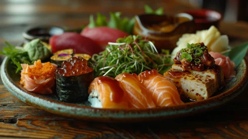 Delicious Sushi on a Dark Blue Ceramic Plate