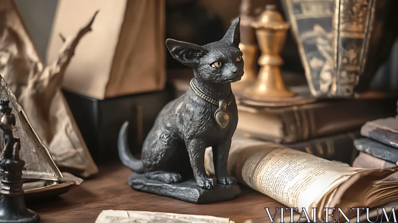 Black Cat Sculpture with Historical Antiques AI Image