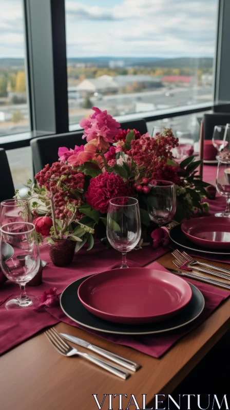 Elegant Floral Table Setting with Bold Monochromatic Scheme AI Image