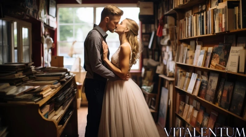 Ethereal Library Wedding Portrait - A Moment of Romance Amidst the Books AI Image