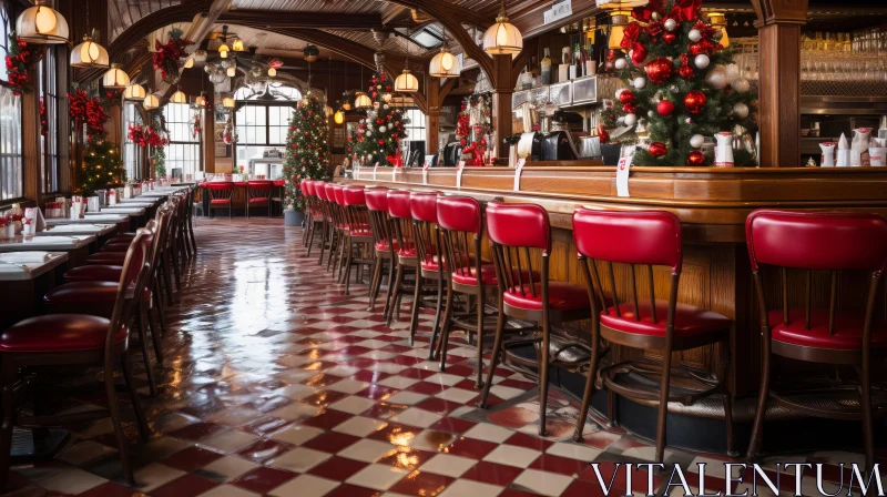 Festive Restaurant with Red Chairs and Christmas Decorations AI Image