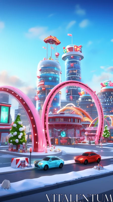 Futuristic Christmas City with Dynamic Structures and Character Design AI Image