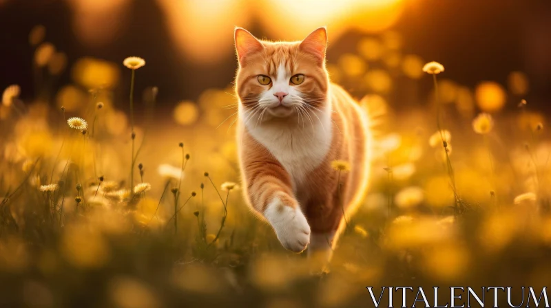 Graceful Ginger Cat in Field of Yellow Flowers AI Image