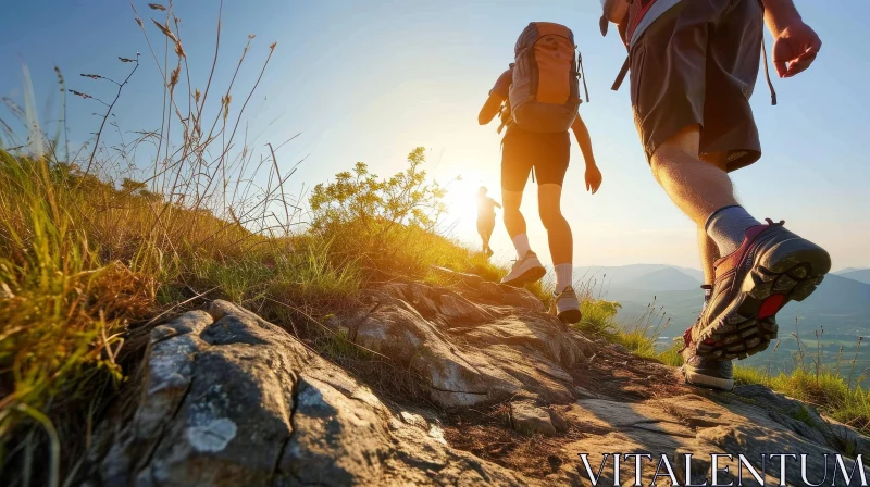 Hiking Adventure at Sunset on a Mountain AI Image