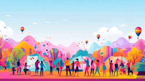Joyful Outdoor Festival Illustration with Diverse Group of People