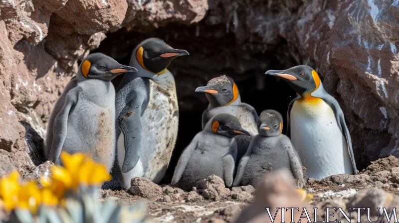 King Penguins Huddled in Rocky Burrow - Captivating Nature Scene