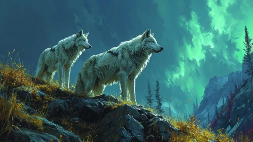 Painting of Two Wolves on a Rocky Hilltop - Capturing the Beauty of Nature