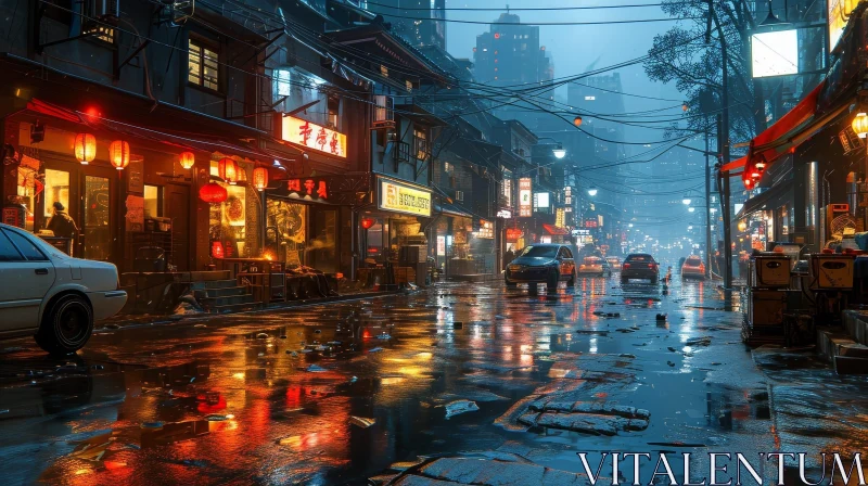 Rainy Street in Chinatown at Night: A Captivating and Mysterious Scene AI Image