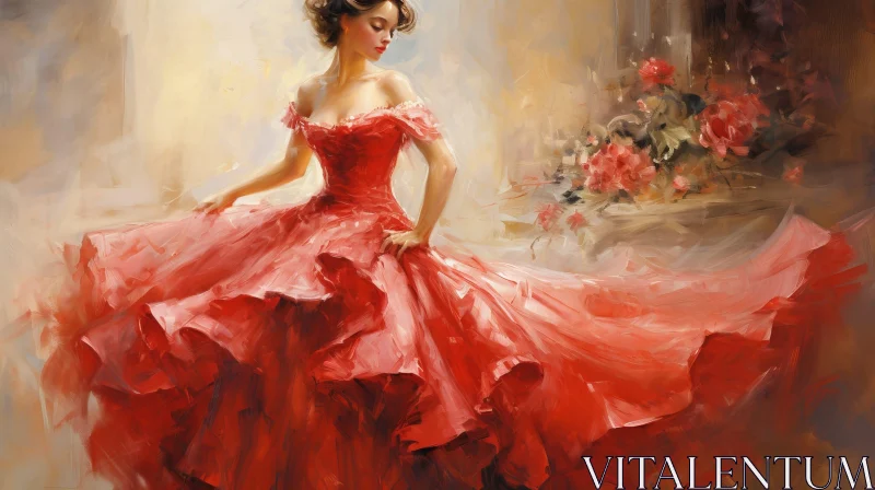 AI ART Red Dress Woman Portrait in Room with Roses