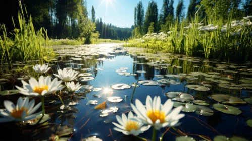 Sunlit Water Lilies in Serene Landscape Setting