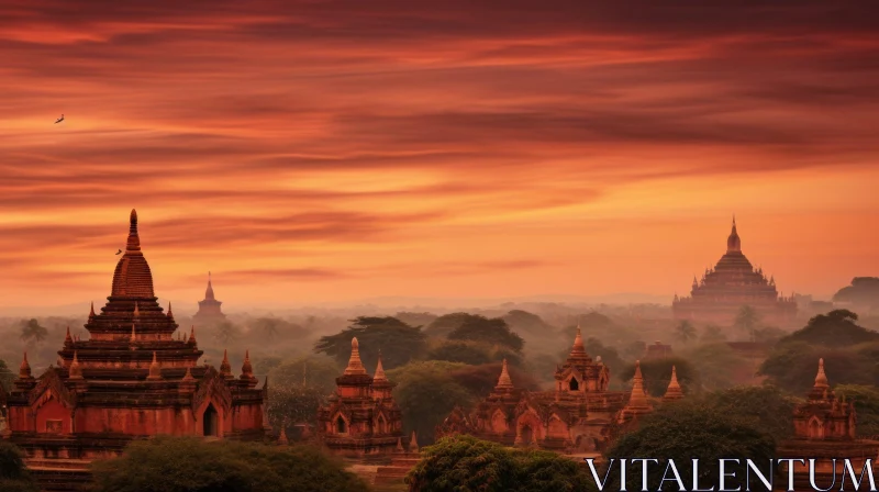 Sunset over Temples and Pagodas in Bagan, Myanmar AI Image