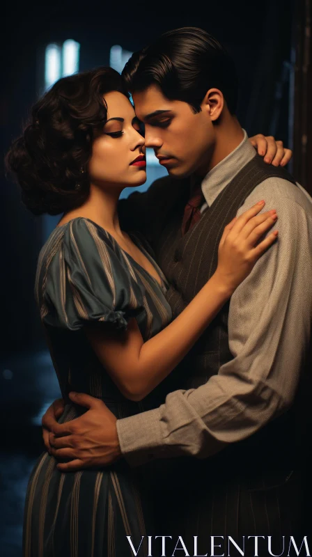 Vintage-Inspired Embrace: A Romantic Study in Dark Cyan and Beige AI Image