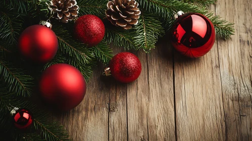 Rustic Christmas Decor with Red Ornaments and Pinecones