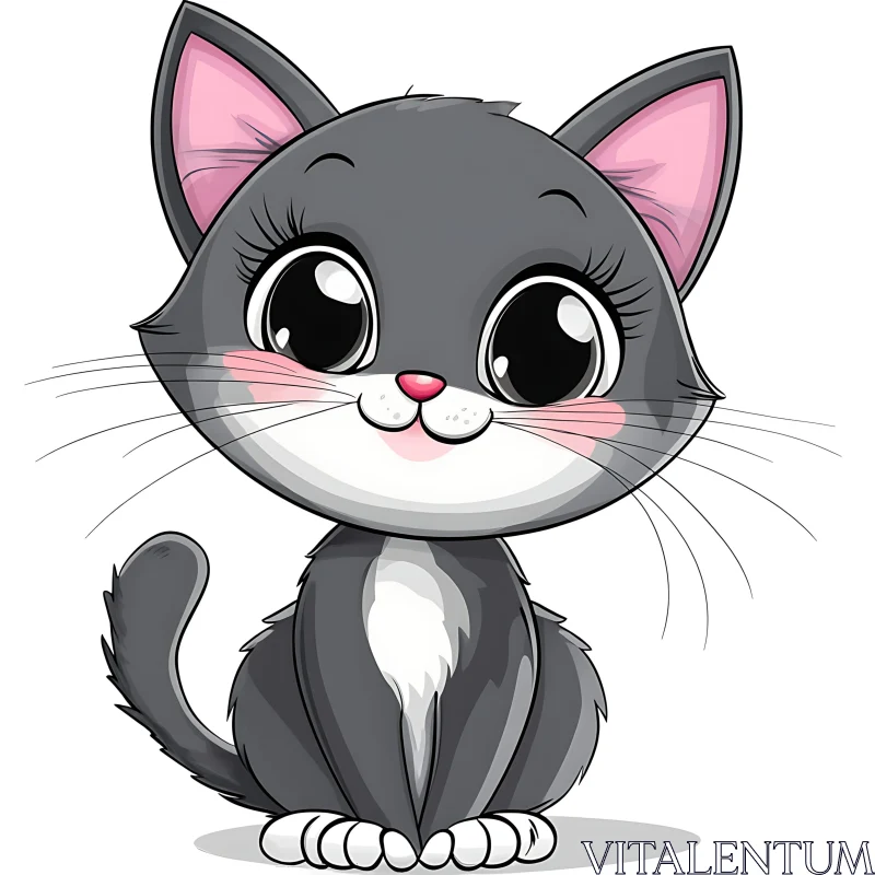 Cute Grey Cat Cartoon with Pink Ears and Nose AI Image