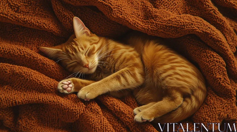 Relaxed Orange Cat in Warm Knitted Blanket AI Image