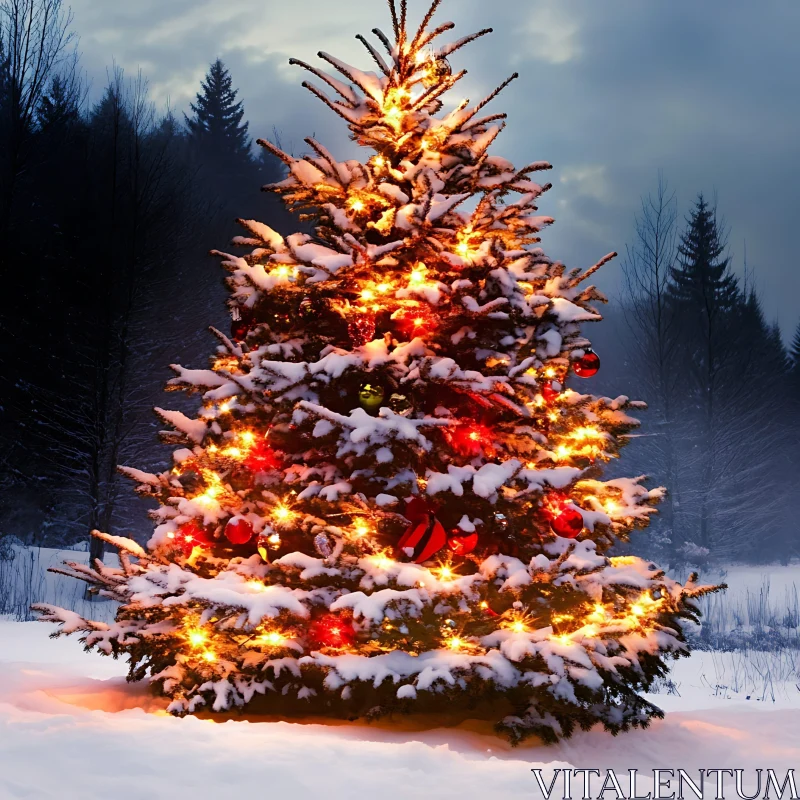 Snowy Christmas Tree with Lights and Ornaments AI Image