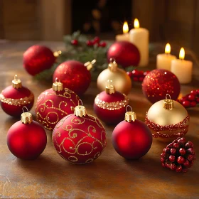 Festive Christmas Baubles and Candlelight