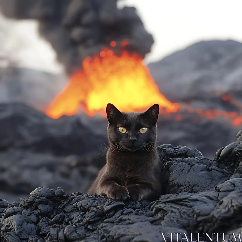 Cat and Fiery Volcano AI Image