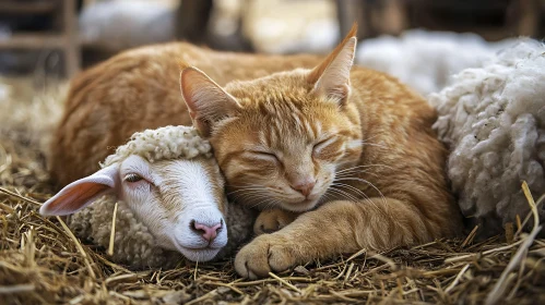 Adorable Ginger Cat and Lamb Resting on Hay