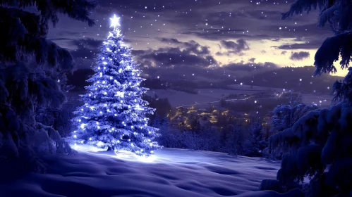 Magical Winter Landscape with Lit Christmas Tree