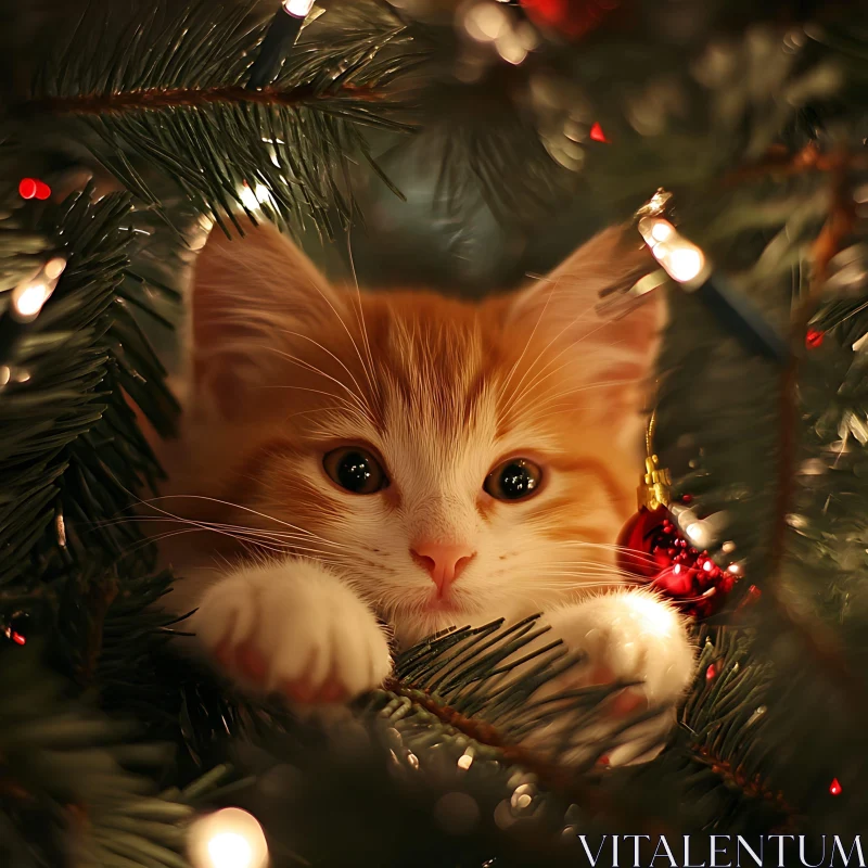 Festive Feline Hidden Among Christmas Tree Branches AI Image