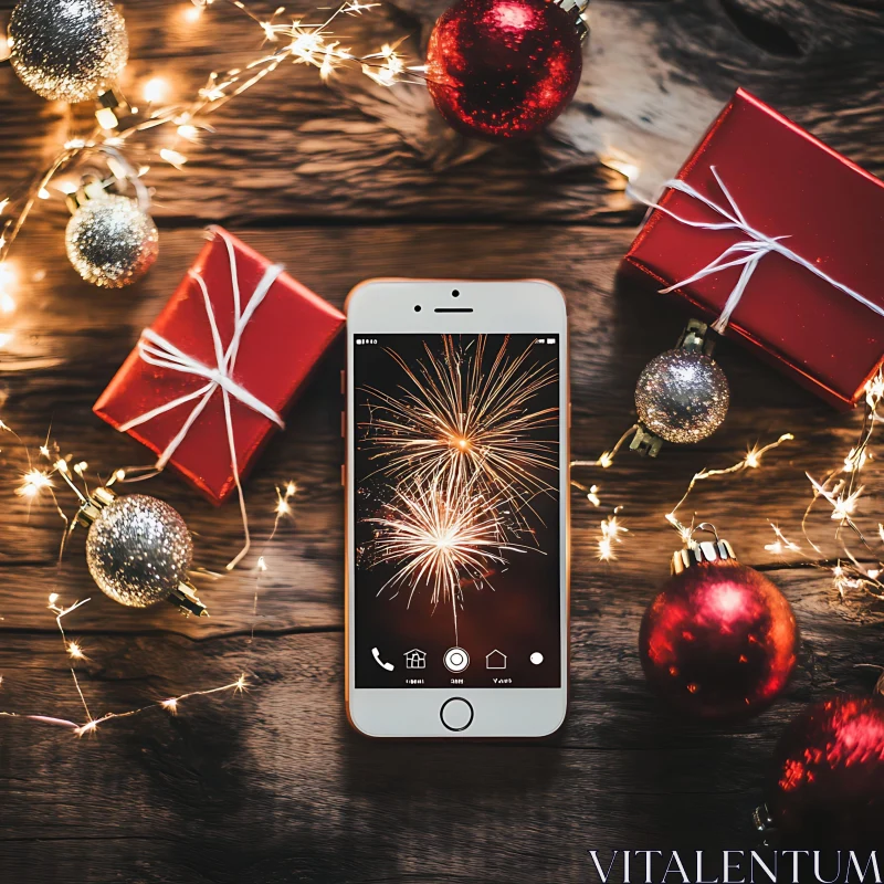 Holiday Smartphone with Fireworks and Gifts AI Image