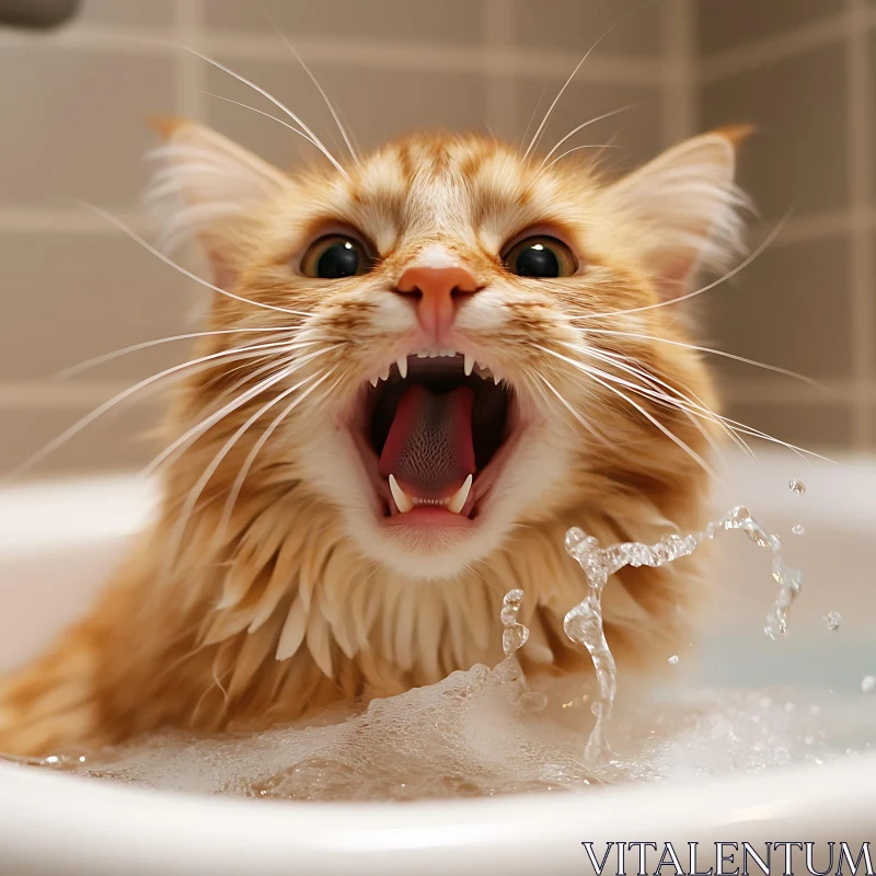 Startled Cat in Water with Open Mouth AI Image