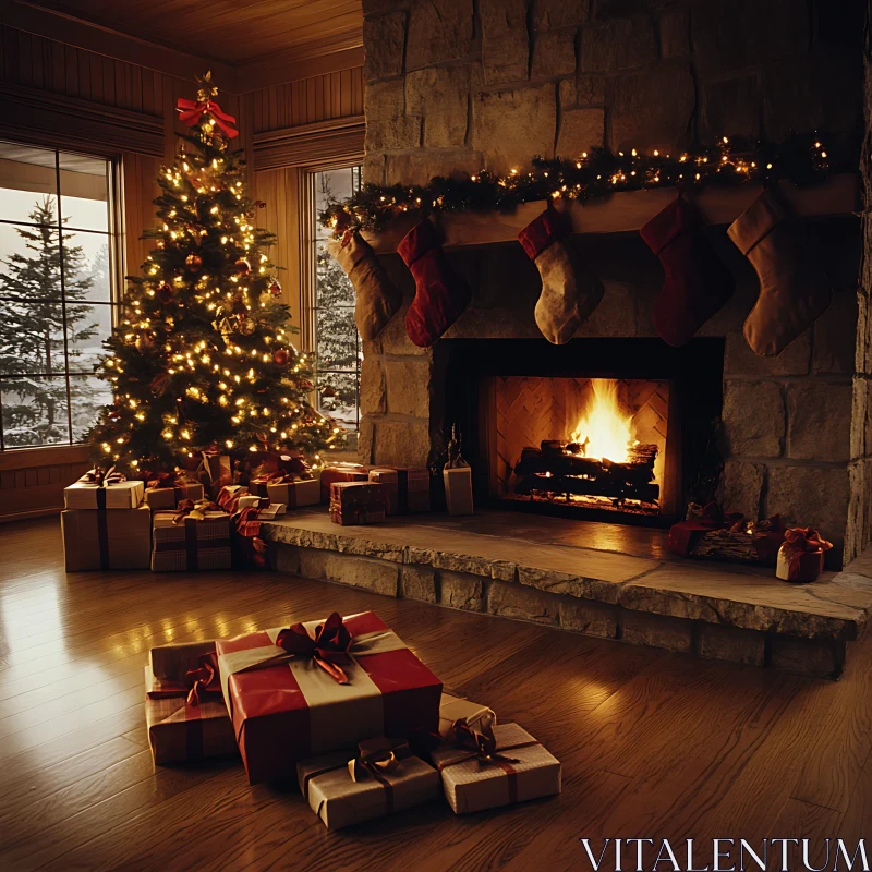 Warm Christmas Ambiance Decorated with Tree and Gifts AI Image