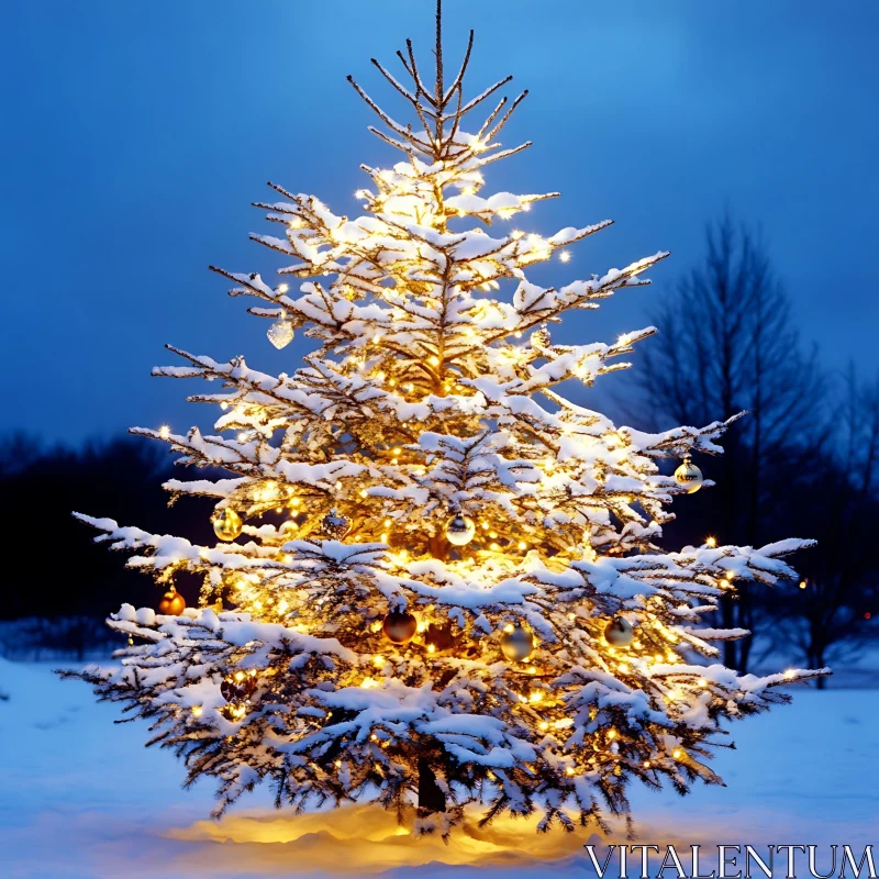 Glistening Christmas Tree in Snowy Twilight AI Image