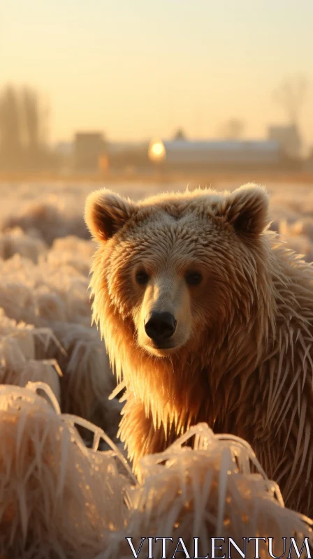 Brown Bear in Field during Sunset - Industrial Rural China AI Image