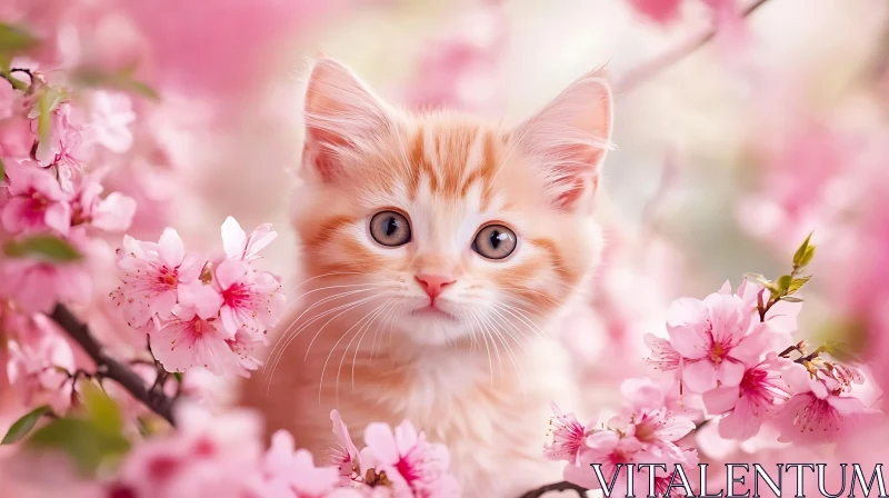 Ginger Kitten with Pink Blossoms AI Image