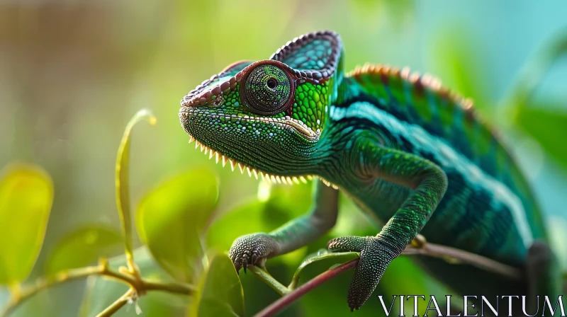 Captivating Green Chameleon on Branch: A Tropical Rainforest Encounter AI Image