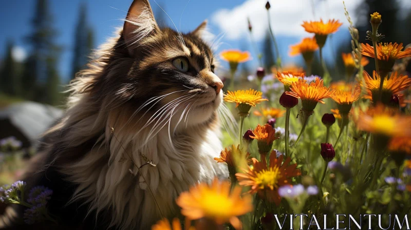 Cat in Field of Flowers with Butterfly AI Image