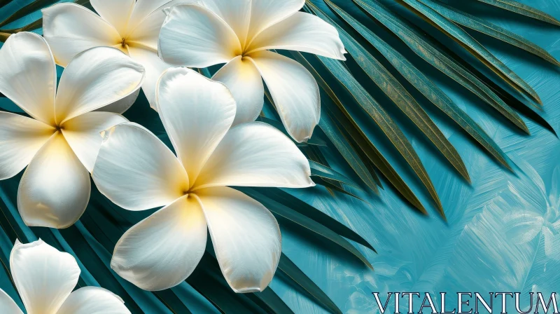 Close-up of White Plumeria Flowers on Turquoise Background AI Image