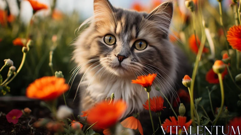 Curious Gray Cat in Field of Orange Flowers AI Image