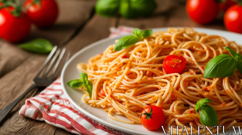 Delicious Spaghetti with Tomatoes and Basil on a Wooden Table AI Image