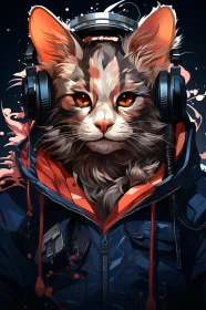 Cat in Fashionable Jacket with Headphones