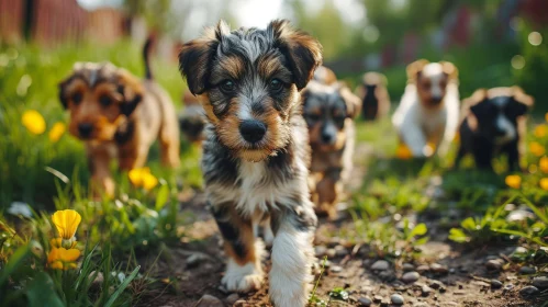 Enchanting Group of Puppies Walking on a Dirt Road