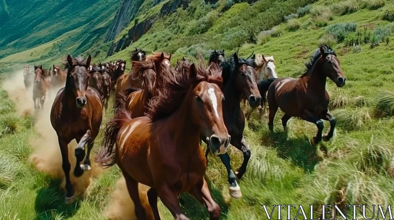 Energetic Horse Herd Running in Green Field with Mountain Background AI Image