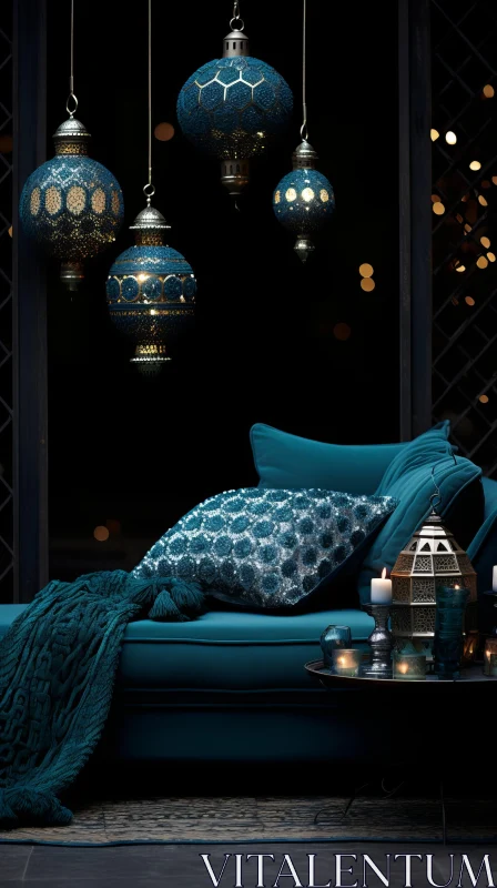 Festive Arabesque Sofa with Blue Pillows and Lamps AI Image