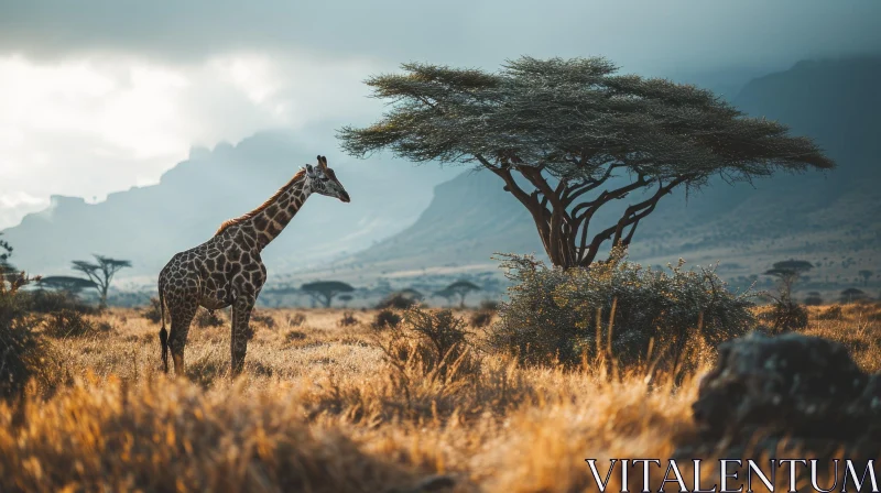 Majestic Giraffe in a Grassy Field with Snow-capped Mountains AI Image