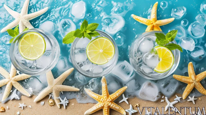AI ART Refreshing Water Glasses with Lime and Mint on Sandy Beach