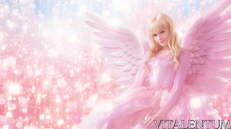 Serene Angel with Blond Hair and White Wings in Pink Dress AI Image
